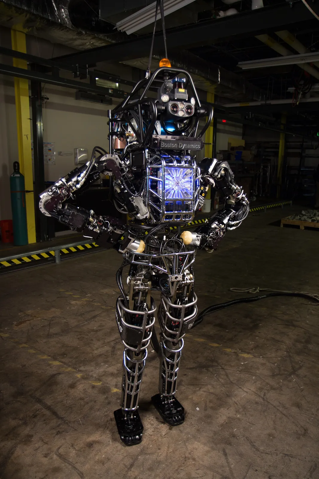 Hydraulic Atlas humanoid standing on a tether during testing