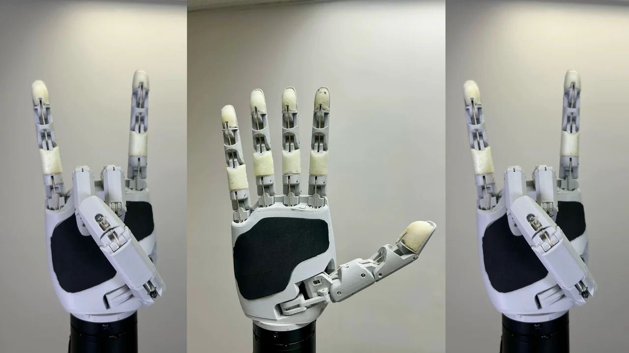 Aero Hand Open in three poses, tendon-driven fingers
