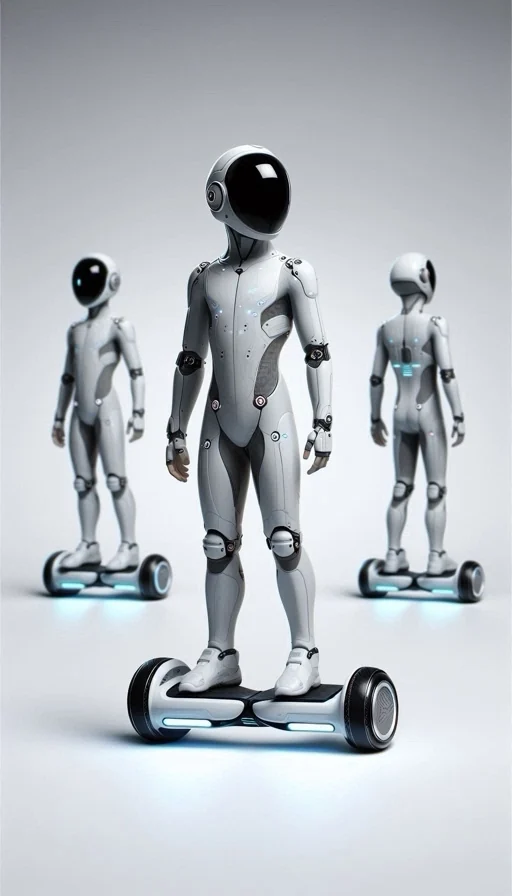 HOPEJr humanoid artwork, three figures, one on a hoverboard base