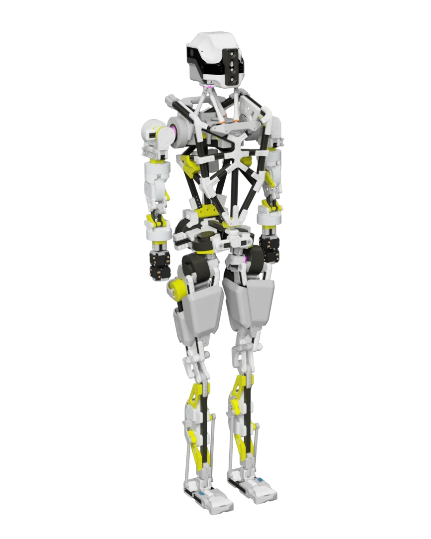 CAD render of the full Dropbear humanoid standing, open printed frame with yellow accent parts