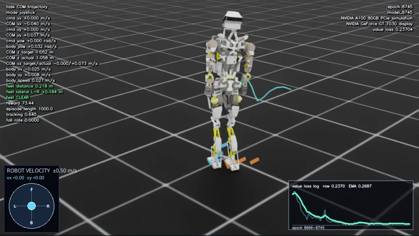 Simulated Dropbear under joystick command in the live viewer, with COM trajectory, foot placement and value-loss readouts