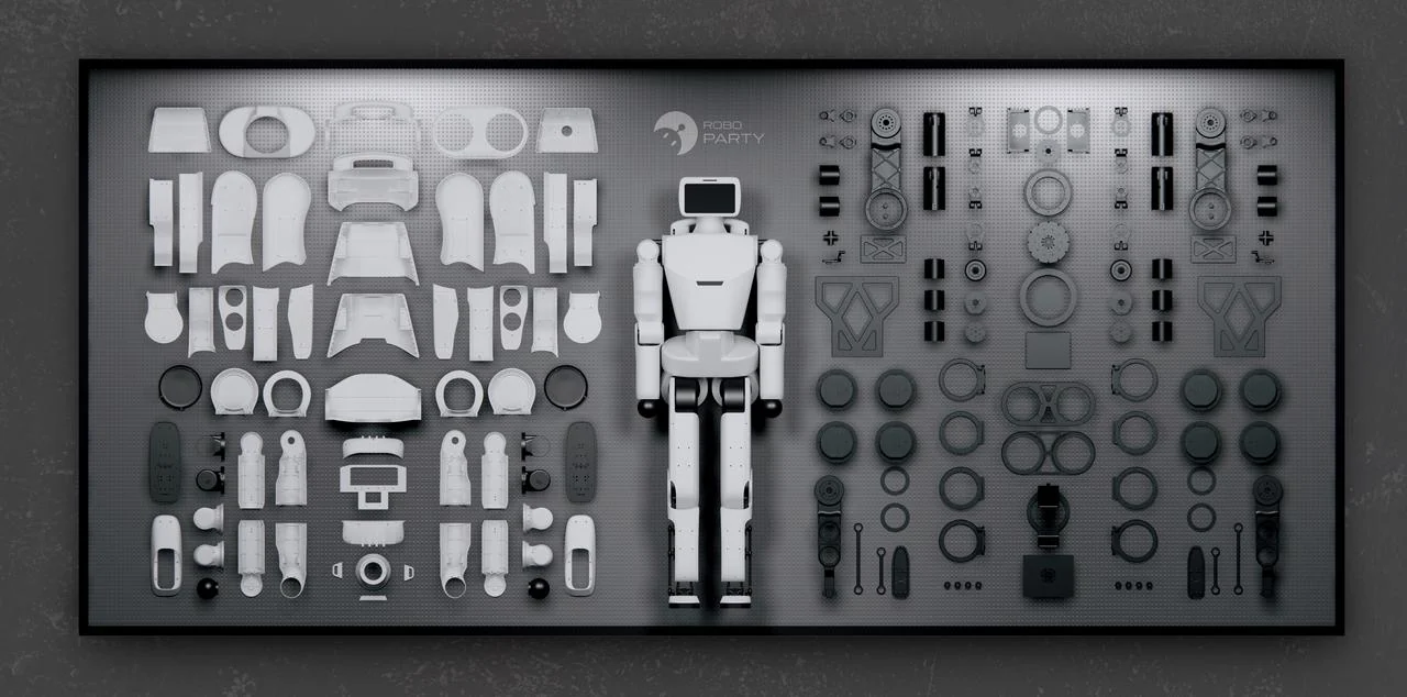 ROBOTO_ORIGIN parts laid out flat around the assembled humanoid