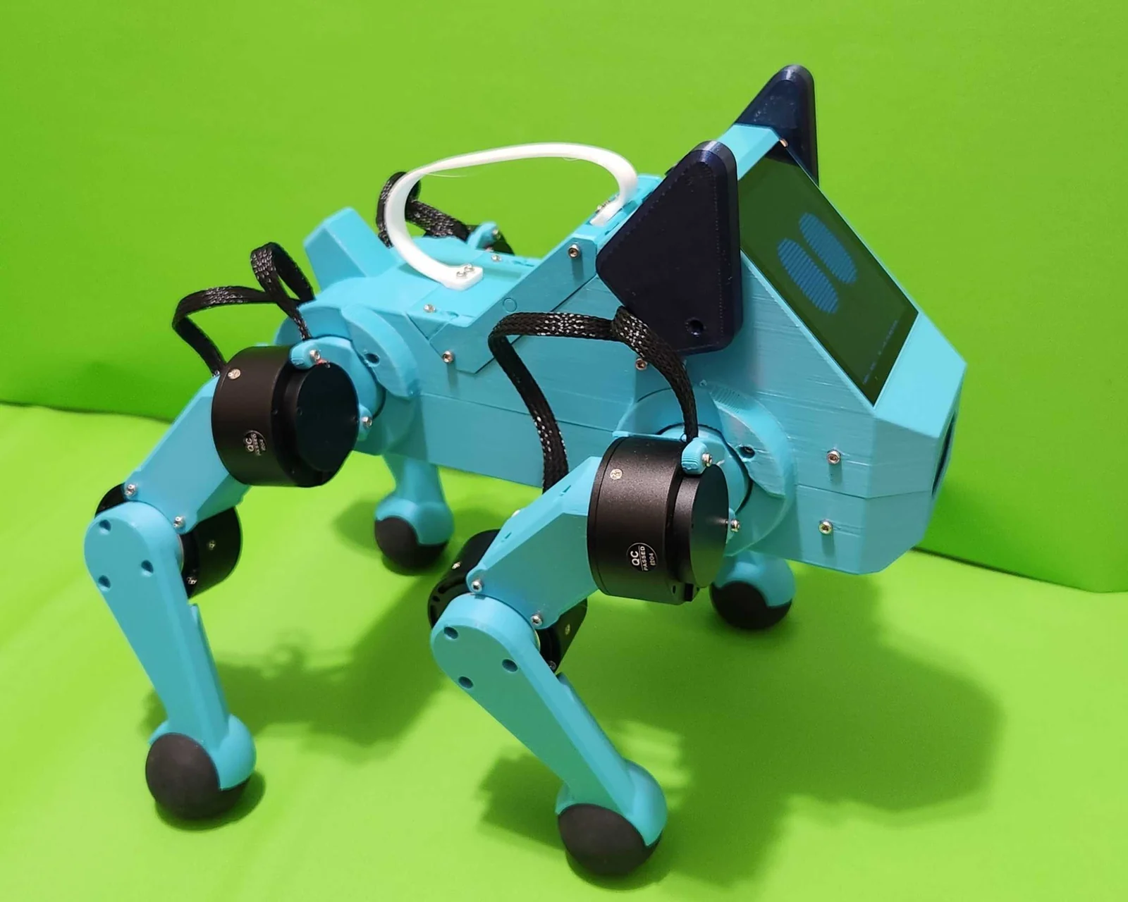 Completed Pupper v3 quadruped standing, turquoise printed parts