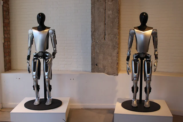 Two Tesla Optimus humanoids on display plinths, Stockholm
