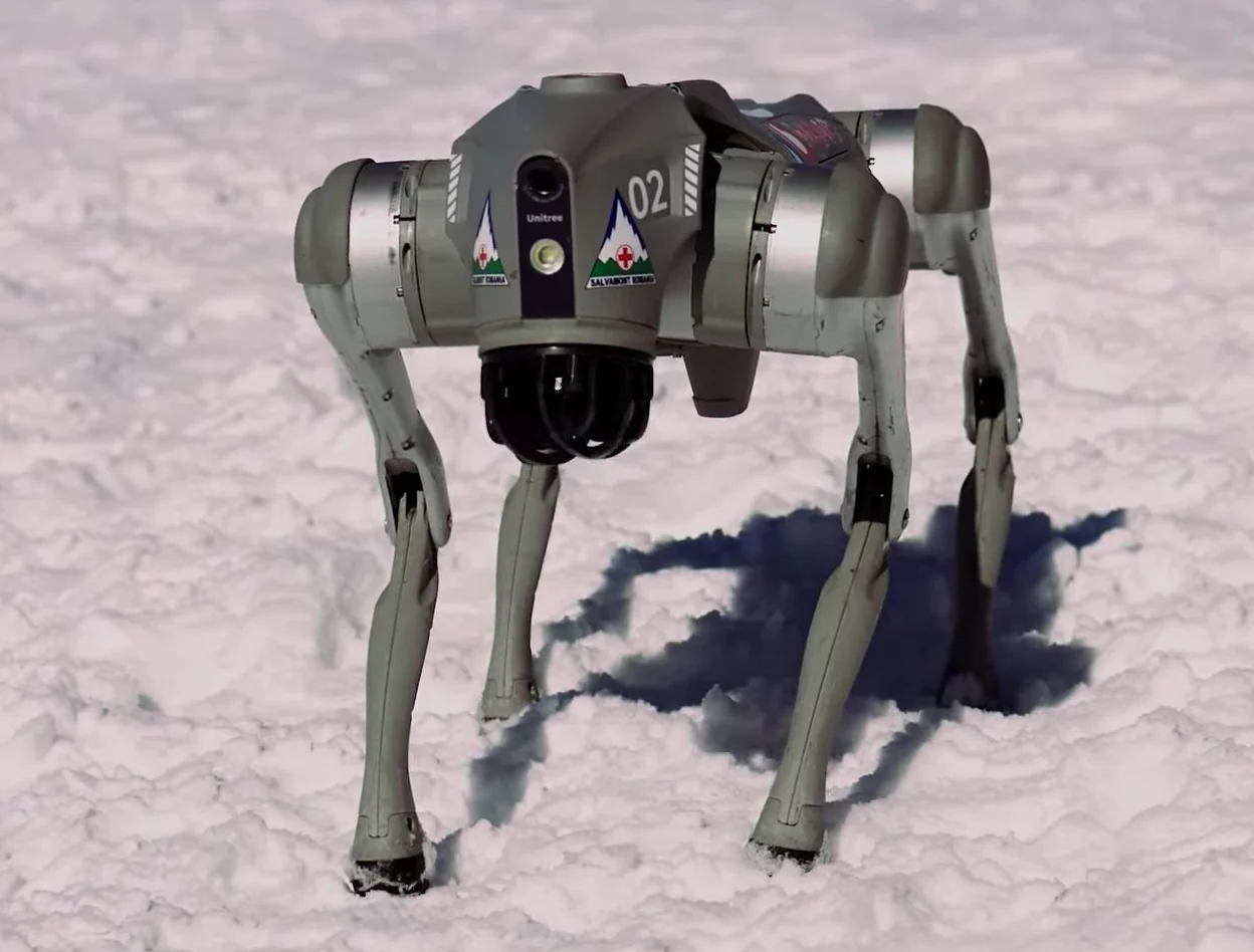 Unitree Go2 quadruped of Salvamont on snow, front three-quarter view