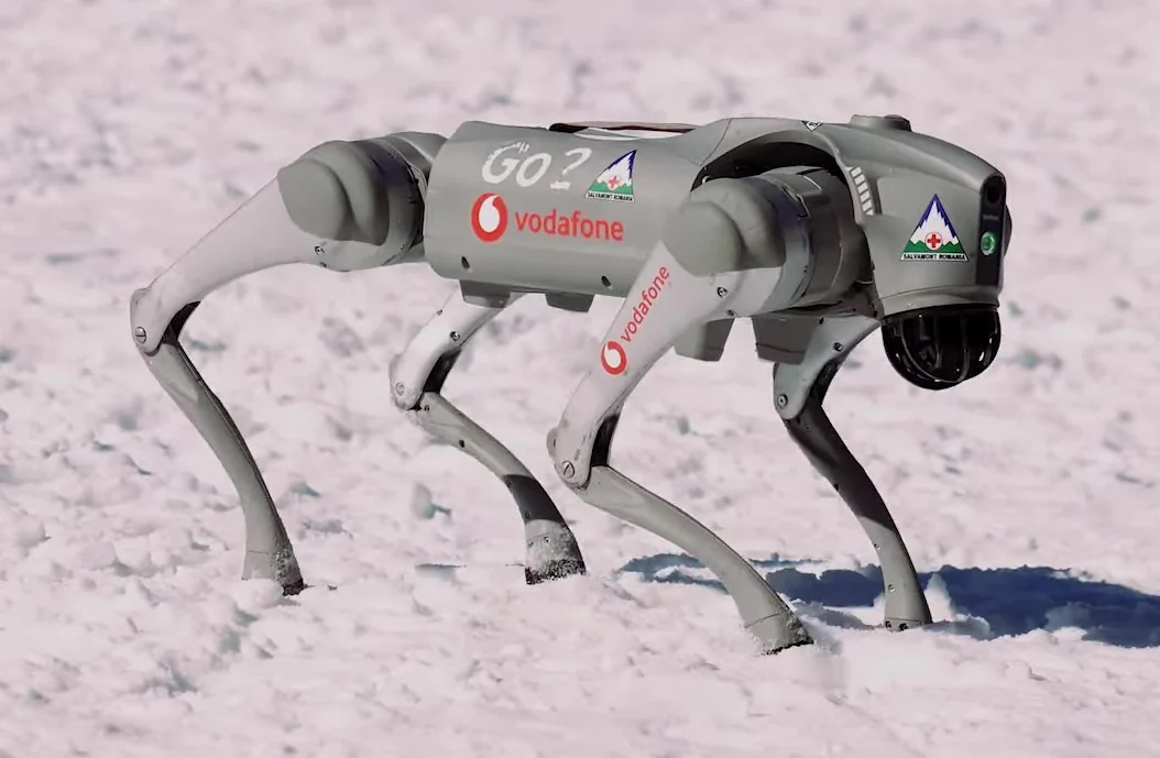 Unitree Go2 quadruped of Salvamont on snow, side view