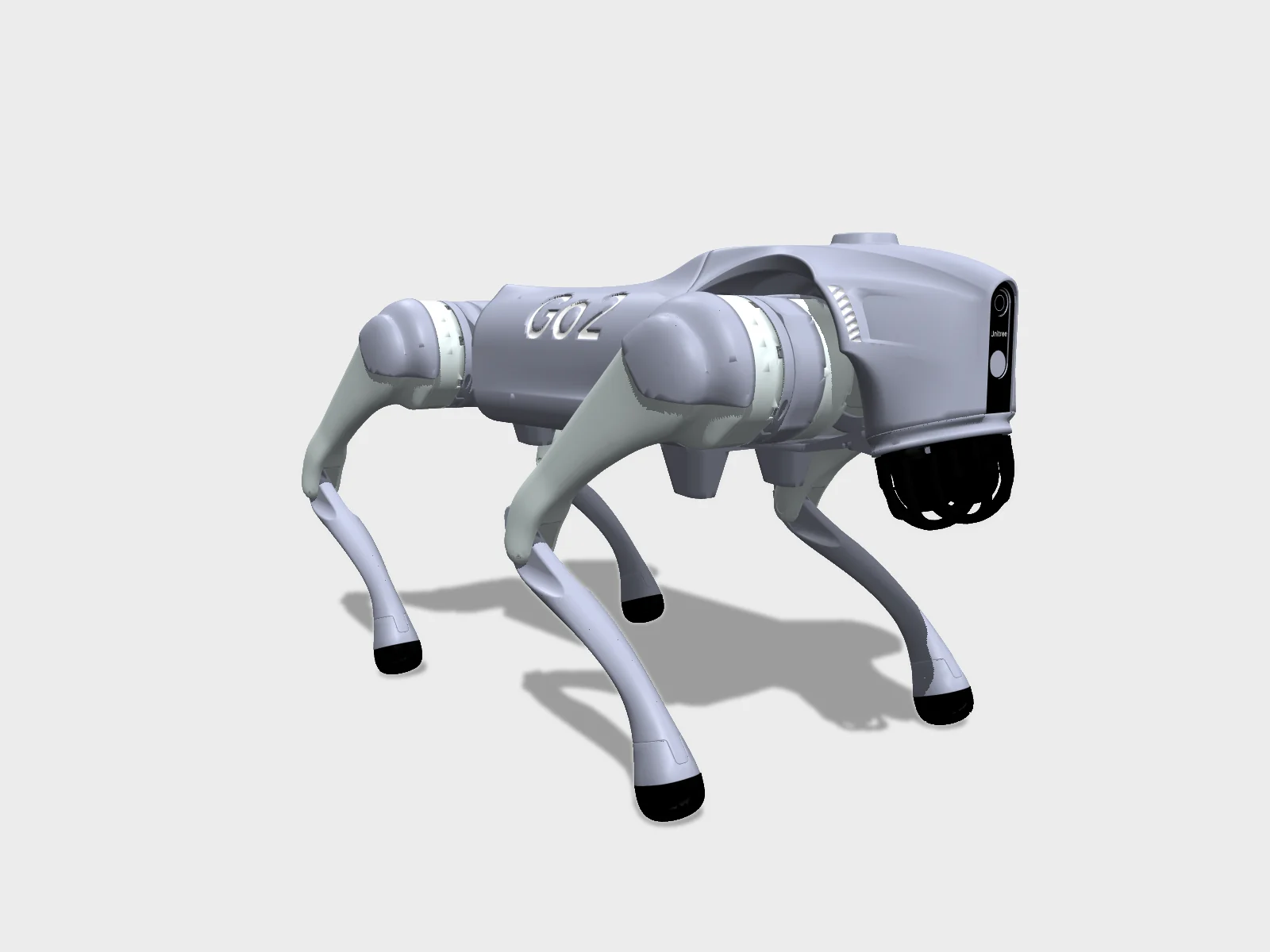 Unitree Go2 studio render, three-quarter front view